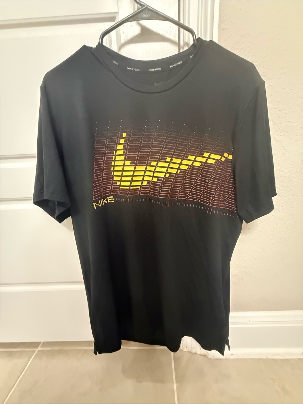 Nike Black Short Sleeve Tee with Yellow Pixel Swoosh - Men’s Large